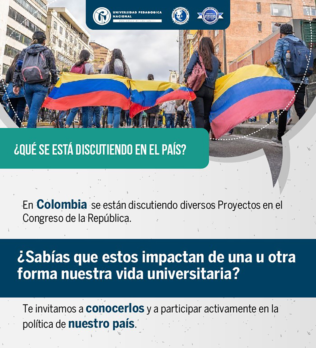 Fotografía personas con varias banderas de Colombia, en movilización social